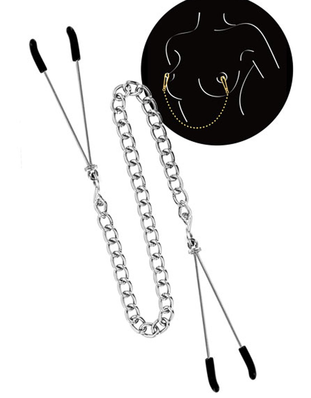 Adjustable pressure breast clamps connected by a silver chain