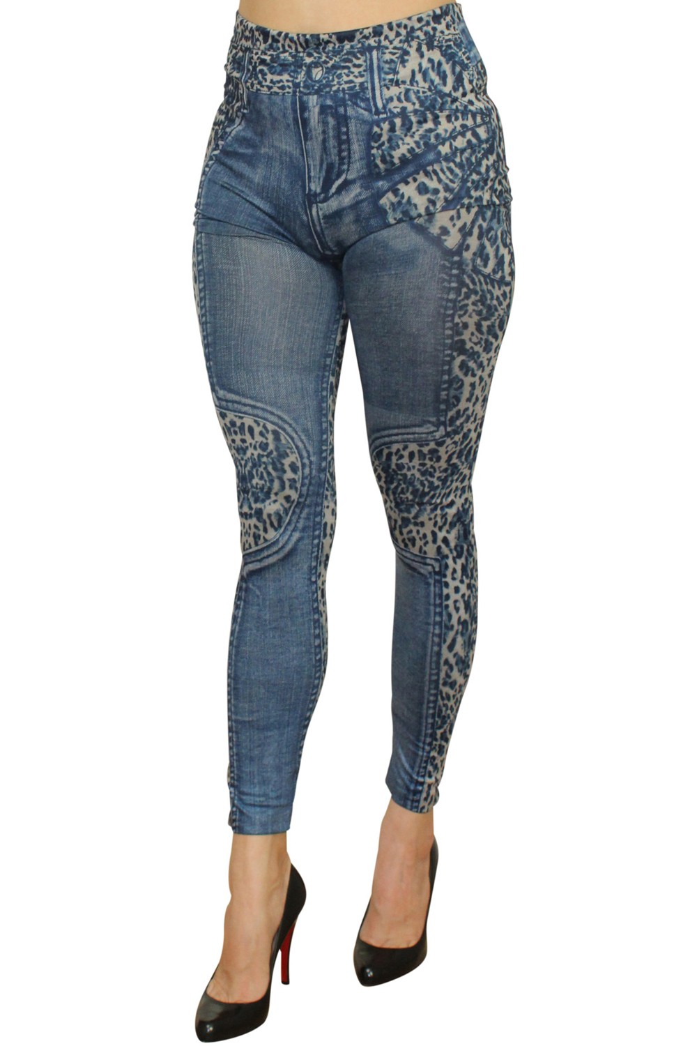 Blue legging delaved jeans print leopard