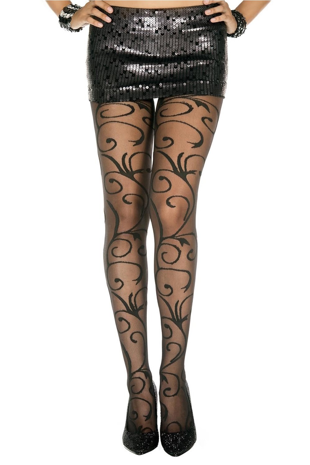 Sort nylon fancy stram med fioritures