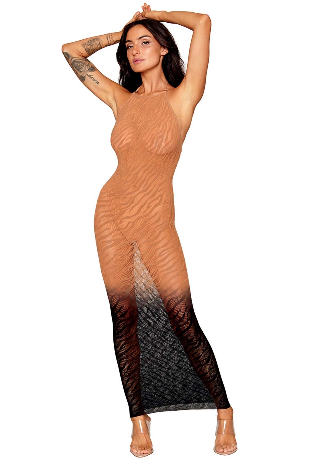 Bodystocking kjole med zebra mønster, kobber-farget