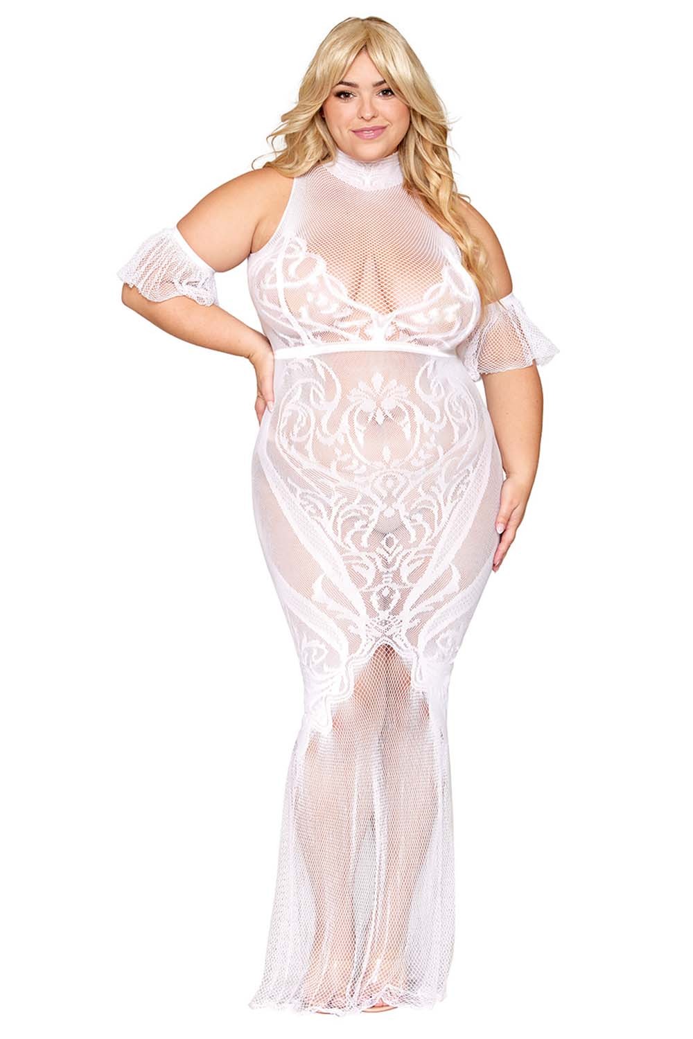 Bodystocking dress, large size, white lace net