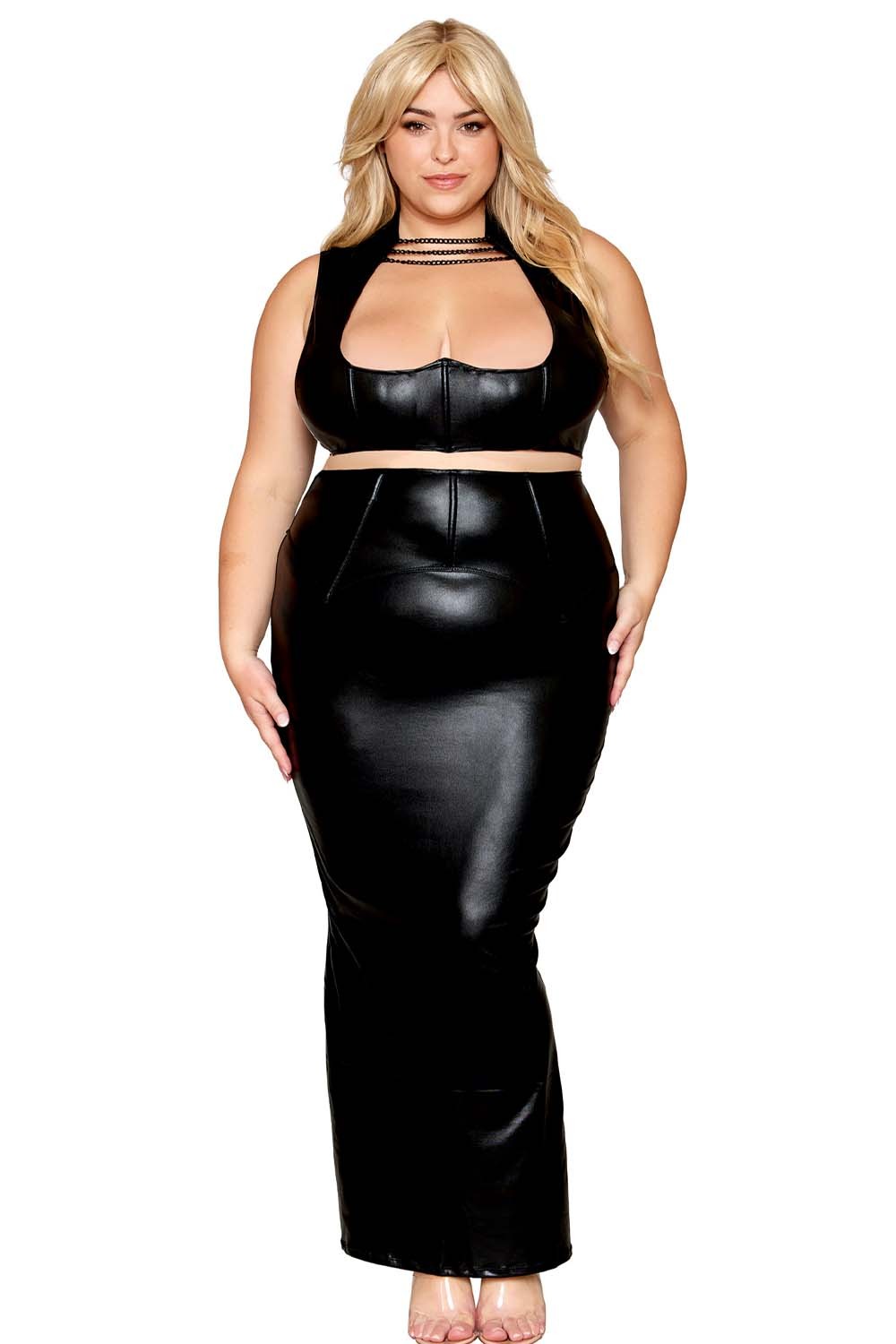 Bra und lange Rock-Set, große Größe, schwarz in Leder