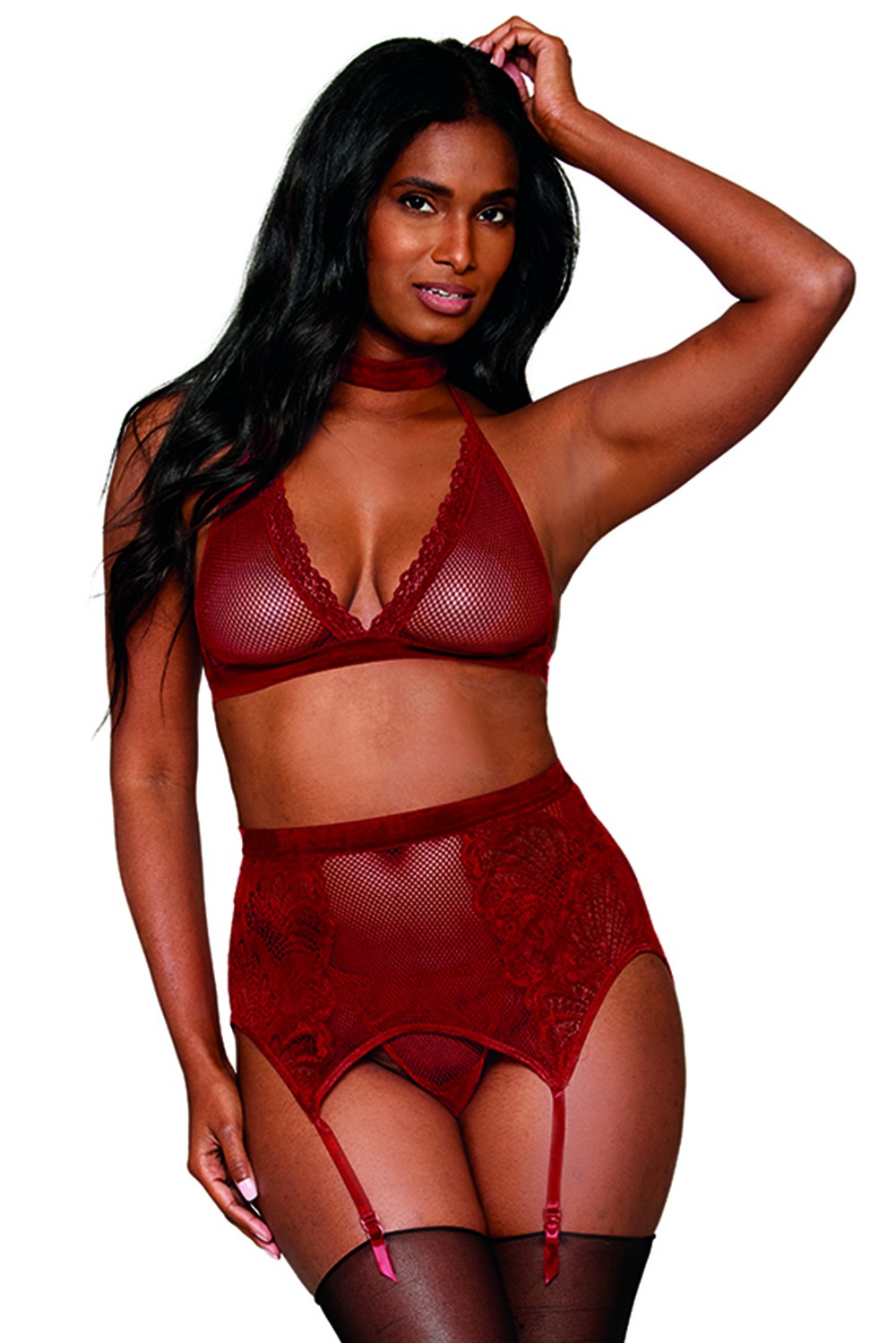 Set 4 piese sutien gât, gât, tanga și roșu suport jartiere