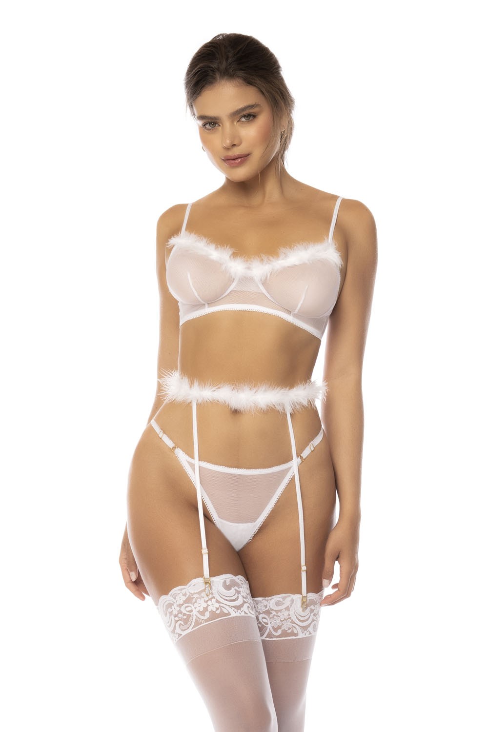 Sett 3 stykker hvit Emmie, bh, hakeholder med falske pels og matchende thong