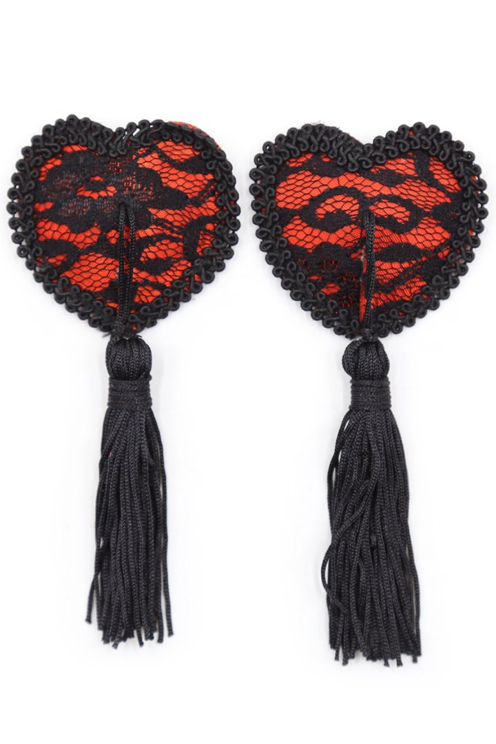 Paire de cache tétons adhésifs en forme de cœur avec dentelle noire et pompom