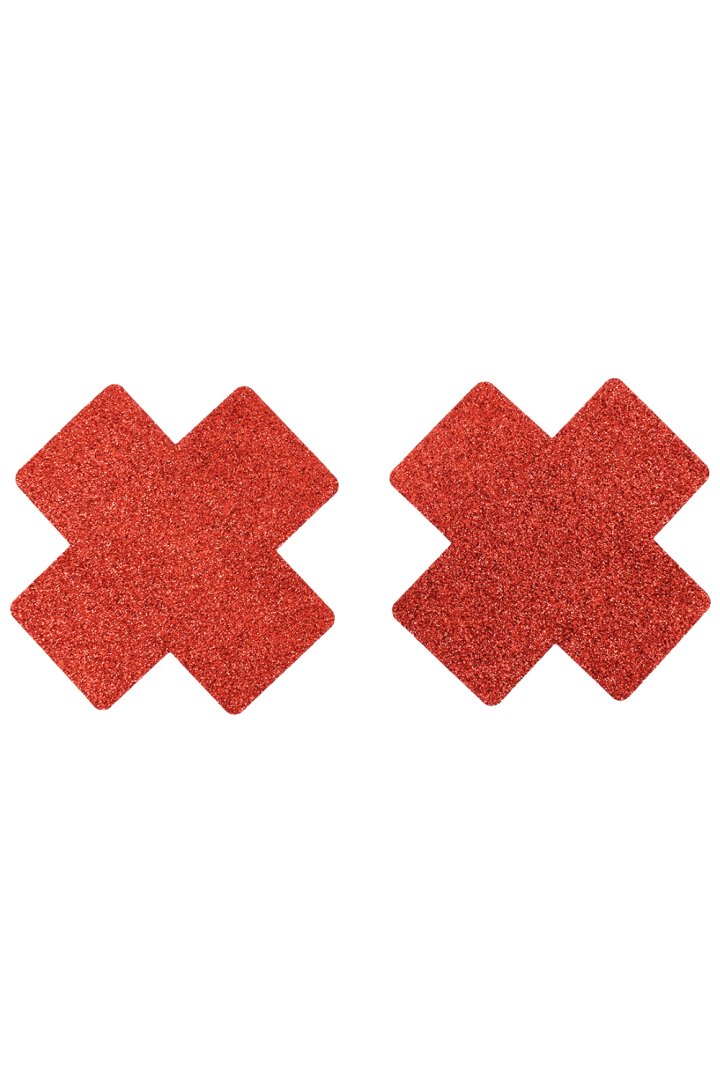 Paire de cache tétons adhésifs croix pailletée rouge