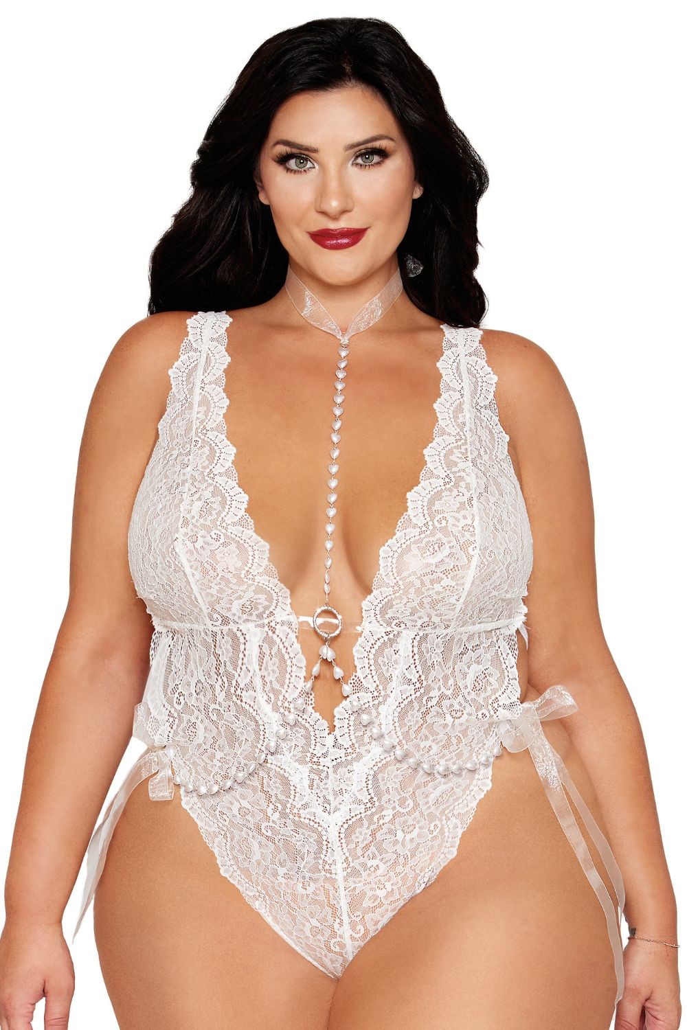 Ensemble 2 pièces grande taille, body dentelle blanc et chainettes bijou de corps perles blanches