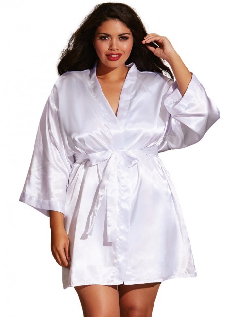 Kimono satin, ceinture attachée, nuisette et cintre assorti