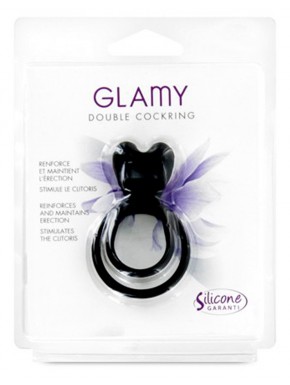 Grossiste Glamy sextoys Double cockring noir avec stimulateur de clitoris