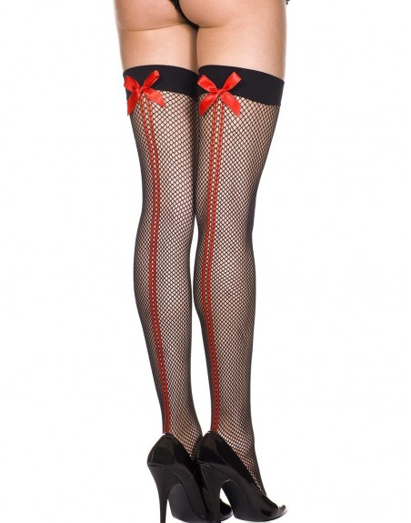 Fournisseur lingerie Bas autofixants résille noirs coutures et noeuds rouges