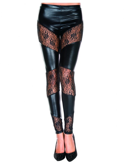 Grossiste dropshipping Legging noir wetlook avec bandes de dentelle florale