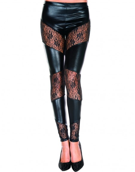 Grossiste dropshipping Legging noir wetlook avec bandes de dentelle florale