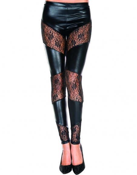 Grossiste dropshipping Legging noir wetlook avec bandes de dentelle florale