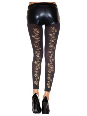 Fournisseur mode Legging fin noir opaque avec fleurs dorées sur l'arrière