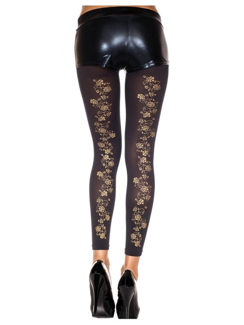 Fournisseur mode Legging fin noir opaque avec fleurs dorées sur l'arrière