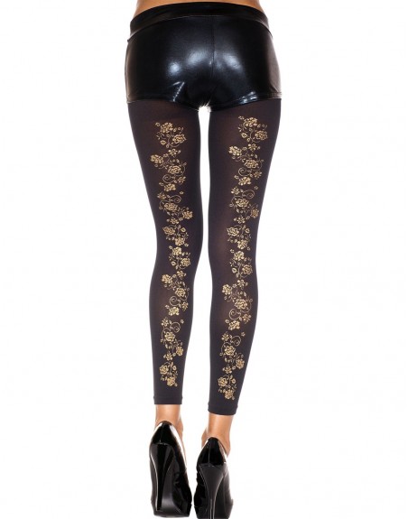 Fournisseur mode Legging fin noir opaque avec fleurs dorées sur l'arrière