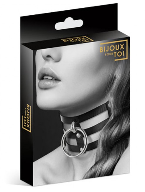 Fournisseur Bijoux Pour Toi fropshipping Collier en cuir noir SM triple lanière avec anneau métal argenté