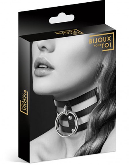 Fournisseur Bijoux Pour Toi fropshipping Collier en cuir noir SM triple lanière avec anneau métal argenté