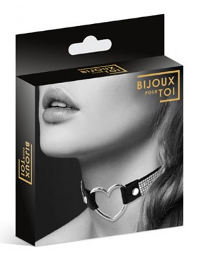 Collier en cuir noir SM avec bande de strass et coeur métal argenté - CC6060050010