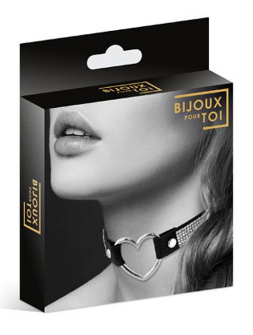 Fournisseur dropshipping Bijoux Pour Toi Collier en cuir noir SM avec bande de strass et coeur métal argenté