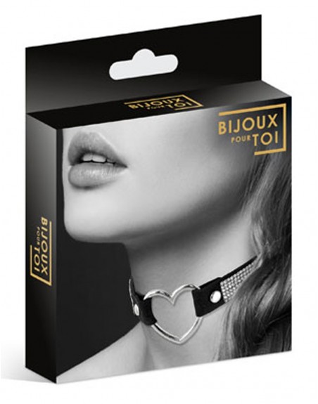 Fournisseur dropshipping Bijoux Pour Toi Collier en cuir noir SM avec bande de strass et coeur métal argenté