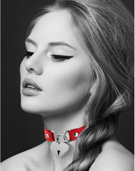 Grossiste Bijoux Pour Toi fropshipping Collier en cuir rouge SM avec pendentif cadenas coeur argenté