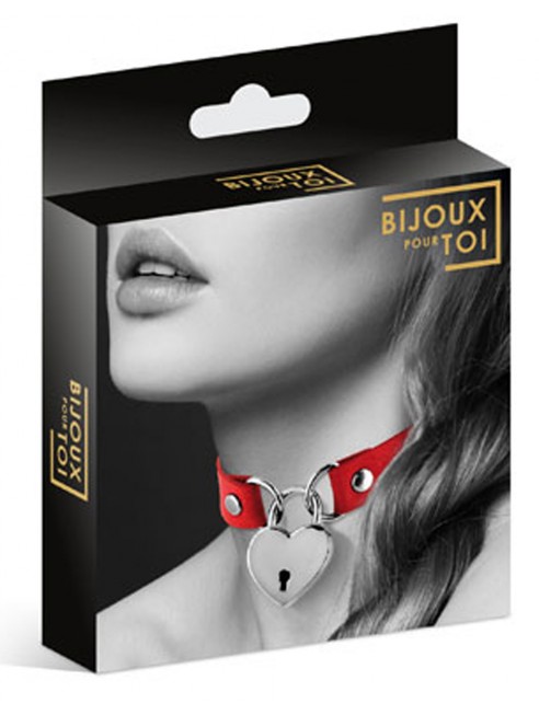 Grossiste Bijoux Pour Toi fropshipping Collier en cuir rouge SM avec pendentif cadenas coeur argenté