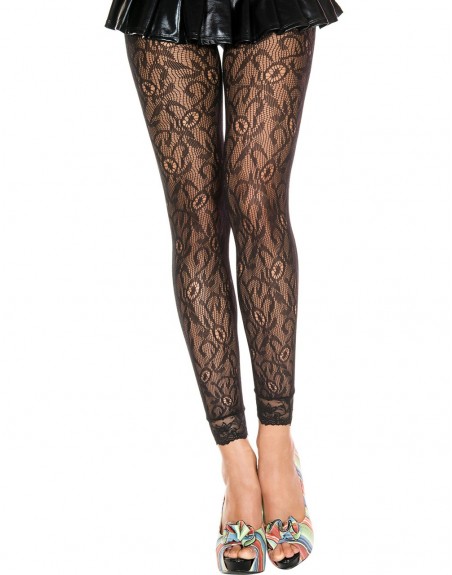 Grossiste dropshipping Legging fin noir résille et dentelle motif floral