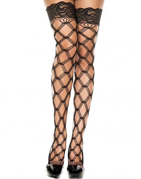 Fournisseur lingerie Bas autofixants filet fils noirs en losange