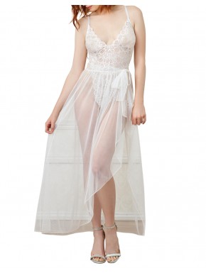 Grossiste lingerie Body string blanc échancré dentelle avec jupe de maille transparente amovible