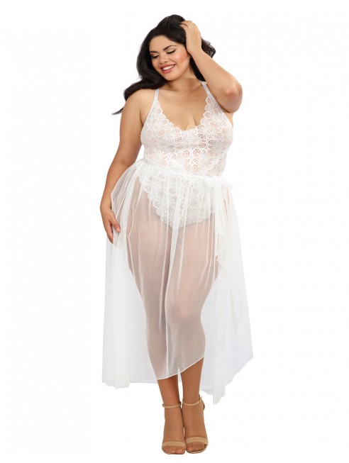 Grossiste Body string grande taille blanc échancré dentelle avec jupe de maille transparente amovible