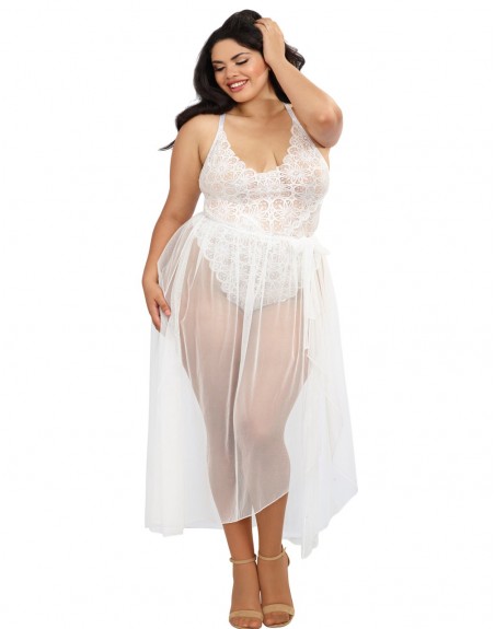 Grossiste Body string grande taille blanc échancré dentelle avec jupe de maille transparente amovible