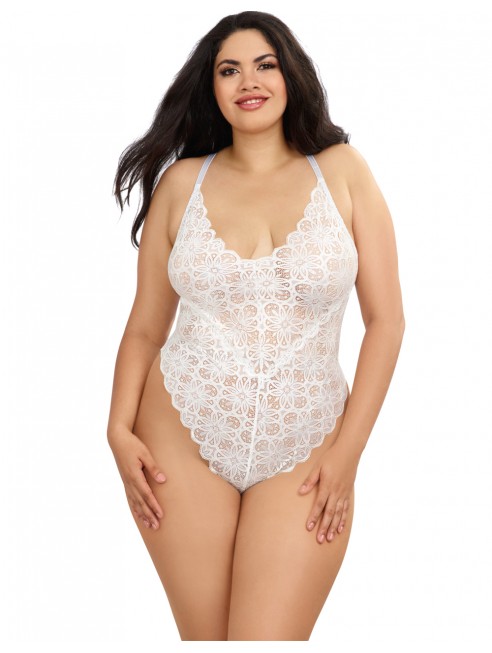 Grossiste Body string grande taille blanc échancré dentelle avec jupe de maille transparente amovible