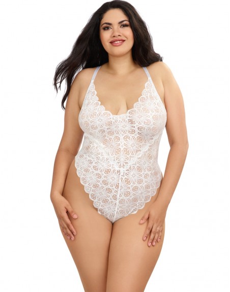 Grossiste Body string grande taille blanc échancré dentelle avec jupe de maille transparente amovible