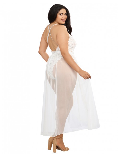 Grossiste Body string grande taille blanc échancré dentelle avec jupe de maille transparente amovible