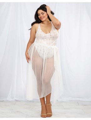 Grossiste Body string grande taille blanc échancré dentelle avec jupe de maille transparente amovible