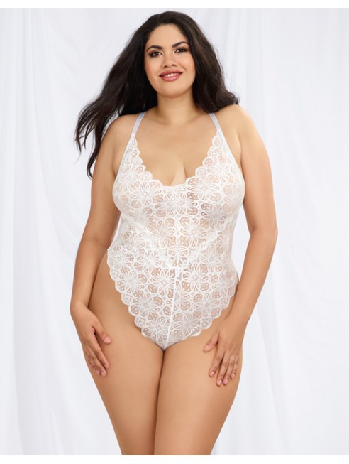 Grossiste Body string grande taille blanc échancré dentelle avec jupe de maille transparente amovible