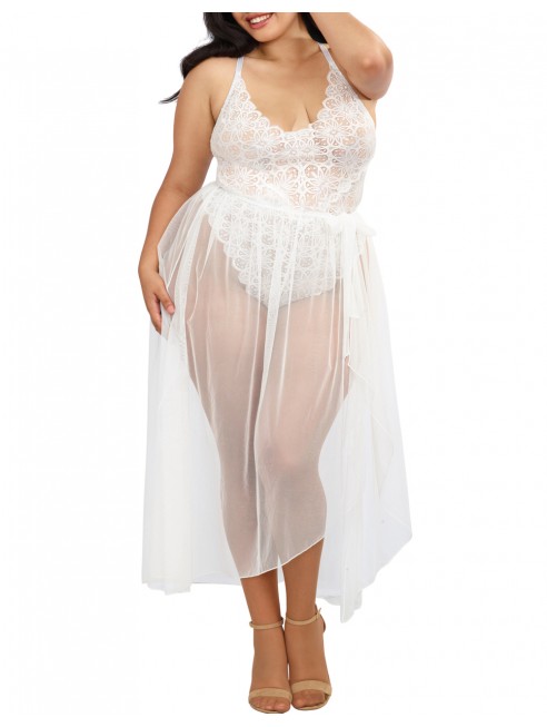 Grossiste Body string grande taille blanc échancré dentelle avec jupe de maille transparente amovible