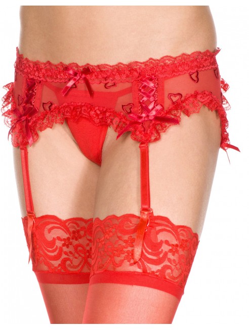 Grossiste lingerie Porte-jarretelles rouge maille et dentelle avec petits coeurs