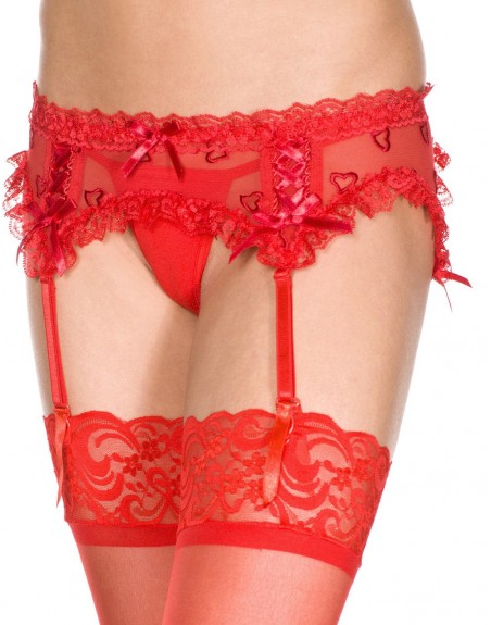 Grossiste lingerie Porte-jarretelles rouge maille et dentelle avec petits coeurs
