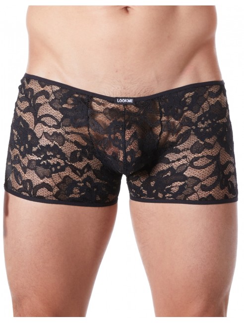 Grossiste lingerie homme Boxer noir en fine dentelle avec légère transparence