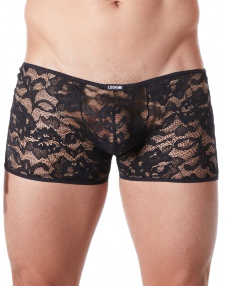 Grossiste lingerie homme Boxer noir en fine dentelle avec légère transparence