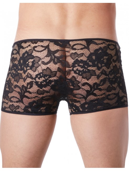 Grossiste lingerie homme Boxer noir en fine dentelle avec légère transparence