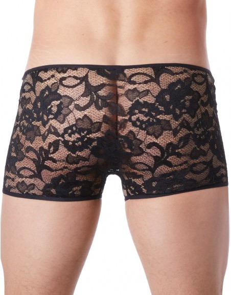 Grossiste lingerie homme Boxer noir en fine dentelle avec légère transparence