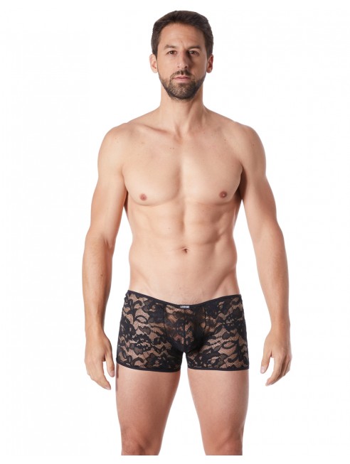 Grossiste lingerie homme Boxer noir en fine dentelle avec légère transparence