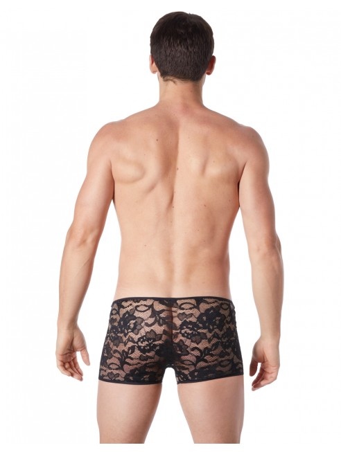 Grossiste lingerie homme Boxer noir en fine dentelle avec légère transparence