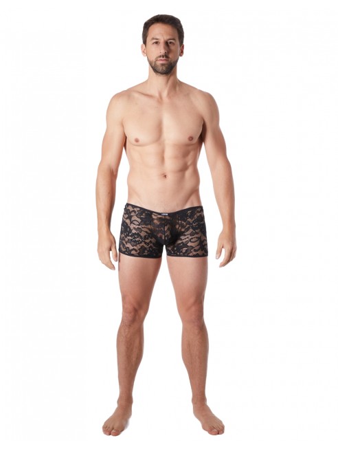 Grossiste lingerie homme Boxer noir en fine dentelle avec légère transparence