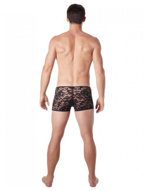 Grossiste lingerie homme Boxer noir en fine dentelle avec légère transparence