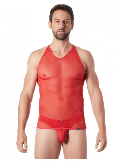 Fournisseur lingerie sexy homme V-shirt rouge fine maille avec transparence