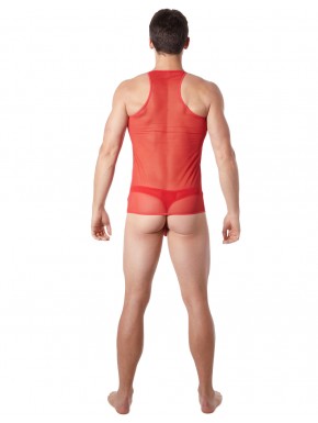 Fournisseur lingerie sexy homme V-shirt rouge fine maille avec transparence